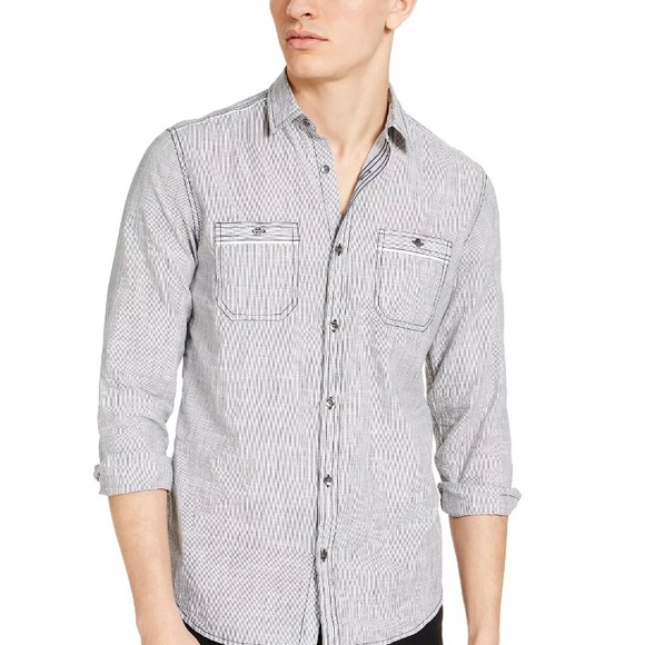 INC Men's Long-Sleeve 2-Pocket Topstitch Button-Down Shirt, Navy Blue, Small S - Picture 1 of 13